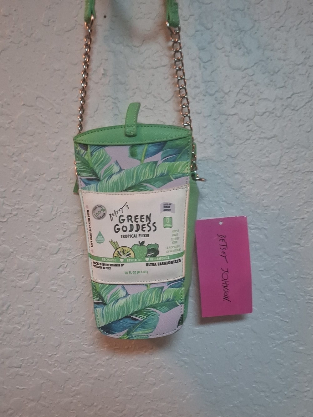 Betsey Johnson Green Tropical Leaf Crossbody with Gold Chain
